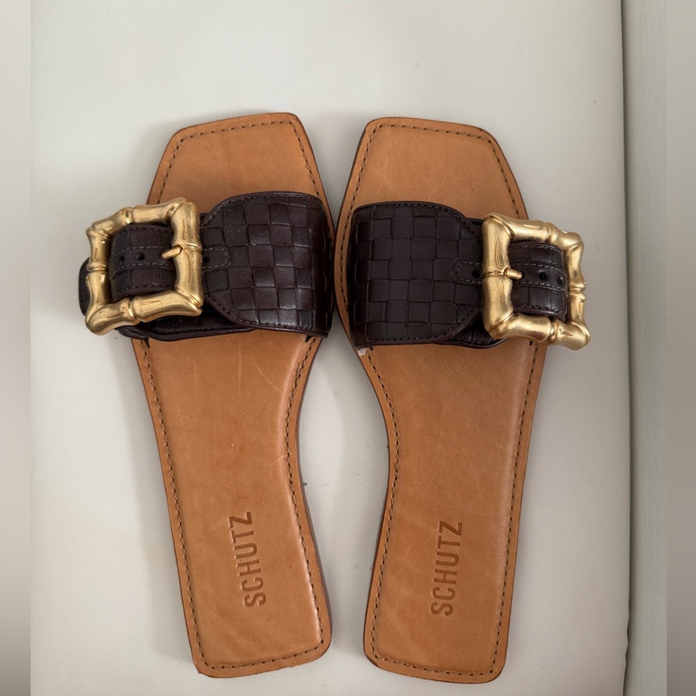 SCHUTZ Brown and Gold Woven Slide Sandals